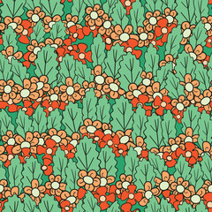 Seamless floral pattern based on traditional folklor art ornaments. Colorful flowers on color background. Scandinavian style. Sweden nordic style. Vector illustration. Simple minimalistic pattern.
