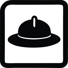 Black and white illustration of a pith helmet in a square frame