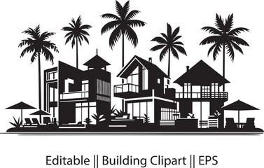 Black Silhouette of Beach Houses – Palm Trees & Modern Villas in Minimal Clipart Design