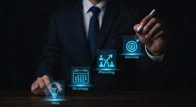 businessman planning a path to success on Dark background