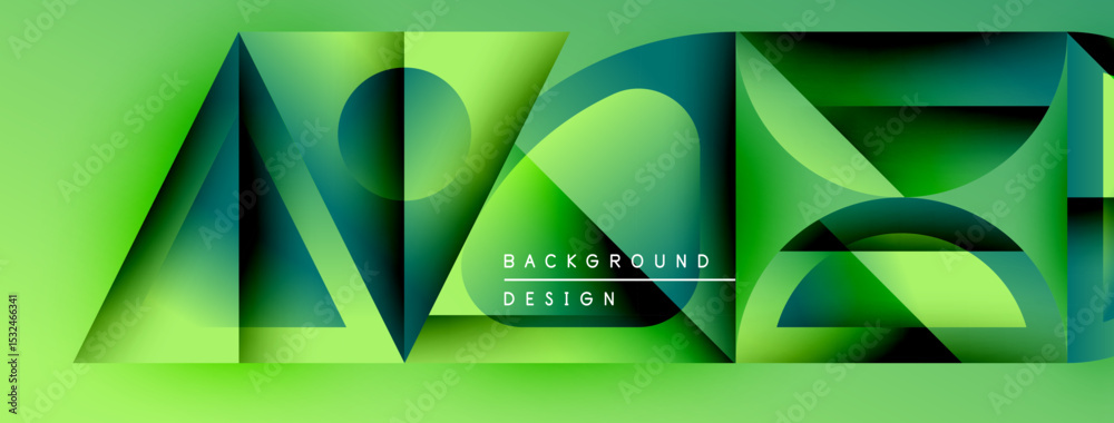 Poster abstract geometric shapes, vibrant green hues, modern design. background features text background de
