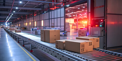 Efficient package sorting in a modern warehouse industrial setting high-resolution image dynamic environment aerial view