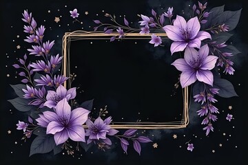 Solid black invitation background with flowing ink-style lavender florals. 