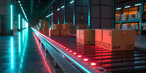 Automated packaging process modern warehouse digital photography industrial environment side view technology advancement