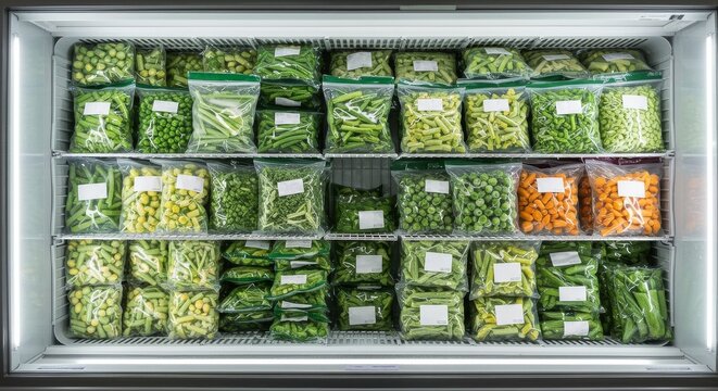 Frozen vegetables neatly arranged in a commercial freezer display  
