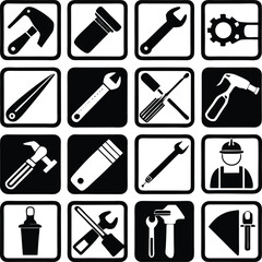 A collection of black and white tool icons in square frames