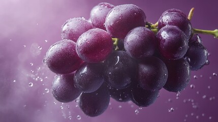 Cluster of plump, purple grapes with water droplets against a gradient background