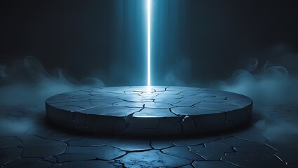 Cracked stone platform with blue light beam