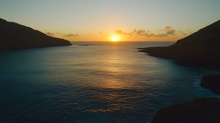 Sunrise over the world famous and popular snorkeling spot of Hanauma bay in Honolulu on the island of Oahu, Hawaii