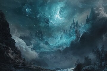 Fototapeta premium Enchanted Frozen Peaks A Fantasy Landscape of Mystical Mountains and Celestial Glow