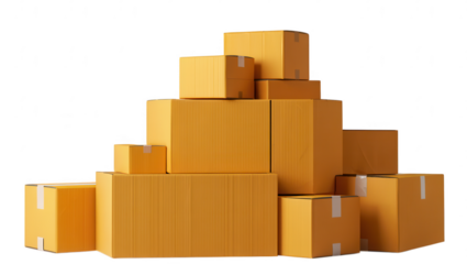 Stacked cardboard boxes on white background, symbolizing moving, storage, or packaging for delivery services.