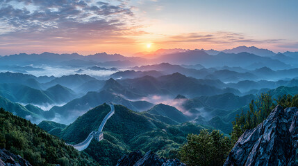 The Great Wall of China at sunrise,panoramic view