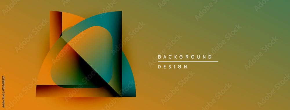 Poster abstract geometric shapes overlap, creating vibrant color gradients. background features warm yellow