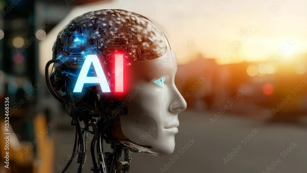 Poster A robot head with artificial intelligence and glowing letters 