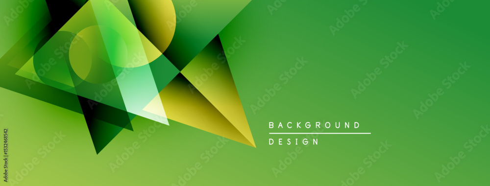 Poster Abstract geometric shapes overlap, creating dynamic green gradient background. Text reads background design. Minimalist style, modern aesthetic.