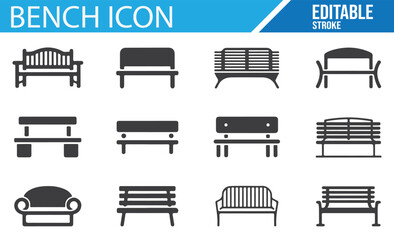 Set of vector icons featuring different styles of benches for outdoor spaces