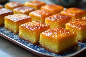 Golden squares of semolina cake on blue patterned plate. Ideal for food blogs, recipes, or dessert promotions.