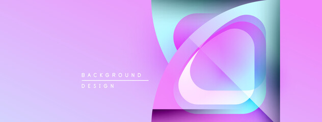 Abstract design features layered shapes, vibrant colors. Pink, blue hues create modern aesthetic. Minimal text present.