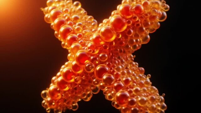 The word "X" rendered as clusters of small, transparent bubbles with vibrant red centers and golden-yellow outer layers	