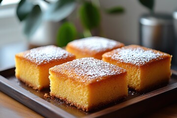 Four square, fresh cakes with icing sugar on a wooden tray. Use for blog, recipe, cafe or cookbook, promote sweet food idea.