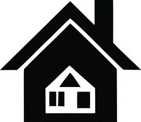 Simple black and white house icon with chimney and windows