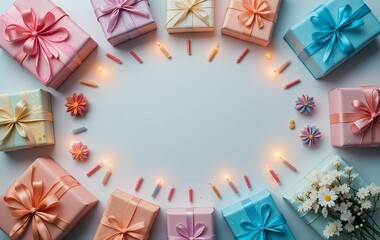 Flat lay birthday setup with top-down view of gifts and candles arranged around a centered empty area.