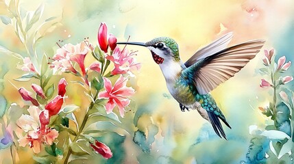 Watercolor of hummingbirds sipping nectar from bright flowers