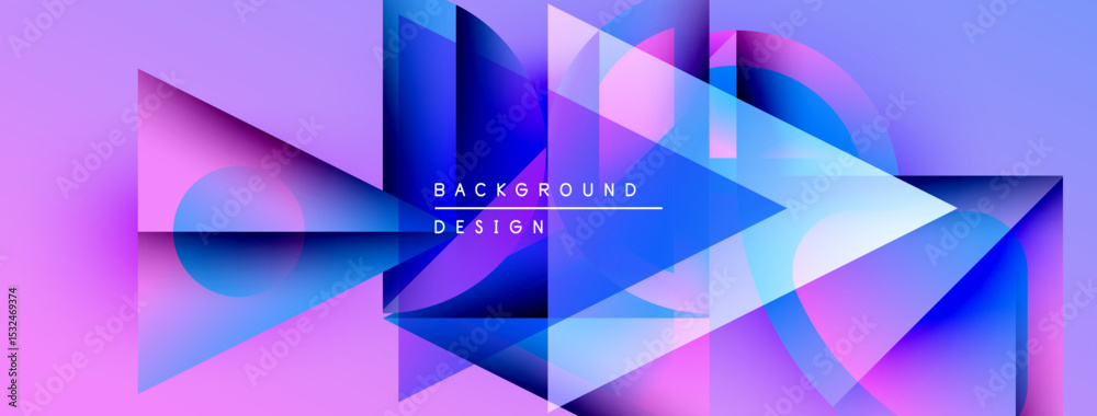 Aufkleber abstract geometric shapes overlap, creating vibrant purple, blue gradients. text reads background de