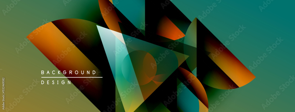 Poster abstract geometric shapes overlap, creating vibrant color gradients. design features teal, orange, b