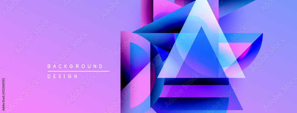 Poster abstract geometric shapes overlap, creating vibrant purple, blue gradients. design features layered 