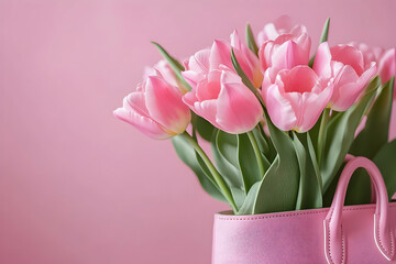 Pink tulips arranged in stylish pink handbag with soft pink background