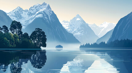 Time to travel. Around the world. Quality vector poster. National park Fiordland