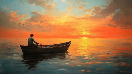Oil painting of a fisherman in a wooden boat at dawn