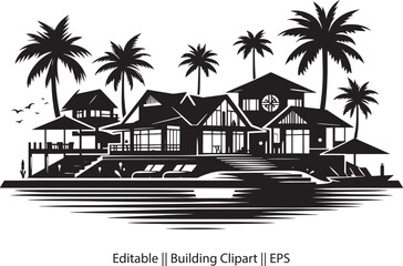 Black Silhouette of Beach Houses – Palm Trees & Modern Villas in Minimal Clipart Design
