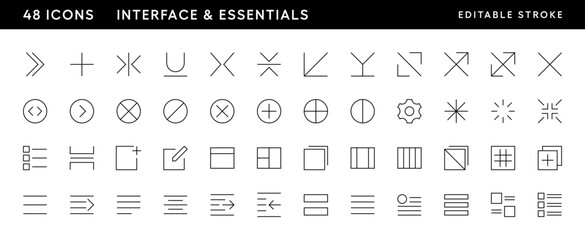 Interface and essential icon collection. User interface icons, layout, sidebar, checklist, setting, wireframe, blank, workspace, send and more. Editable stroke. Pixel Perfect. Grid base 32 x 32.