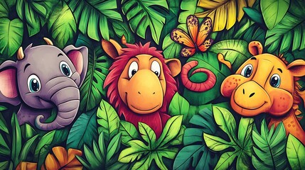 Crayon style jungle scene with exotic animals peeking through leaves