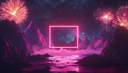 Neon pink square frame in a fantasy landscape with fireworks.