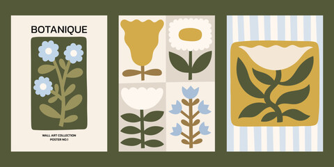 Neutral colors floral vector posters set. Minimalist print designs with flowers and abstract plants in blocks, on striped background