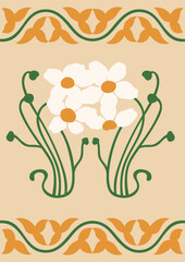 Art Nouveau style illustration vector poster. Vintage print design with whimsical flowers and floral borders