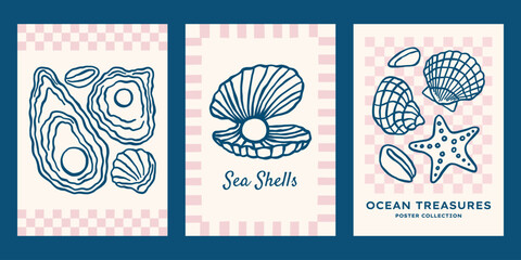 Ocean shells underwater vector posters set. Minimalist retro sea print designs with outline seashells illustrations