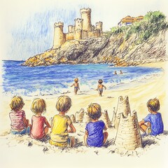 Crayon drawing of children building sandcastles at the beach