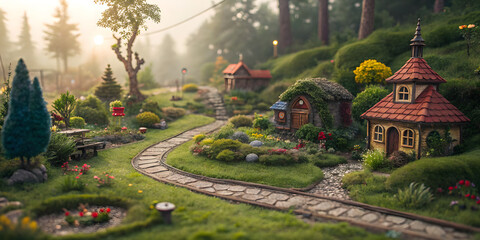 Enchanting miniature village pathway serene forest scenic photography tranquil nature close-up view whimsical environment