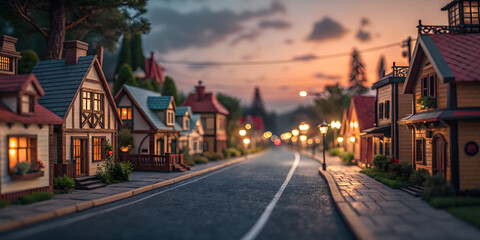 Charming miniature village at dusk scenic street view serene environment imaginative architecture