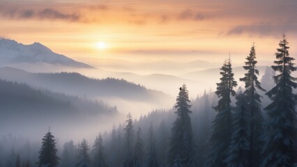 Obraz premium Majestic Mountain Range with the Fog during Sunrise in Forest