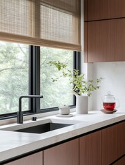 Fototapeta premium Modern kitchen design featuring white marble countertop and wooden cabinets