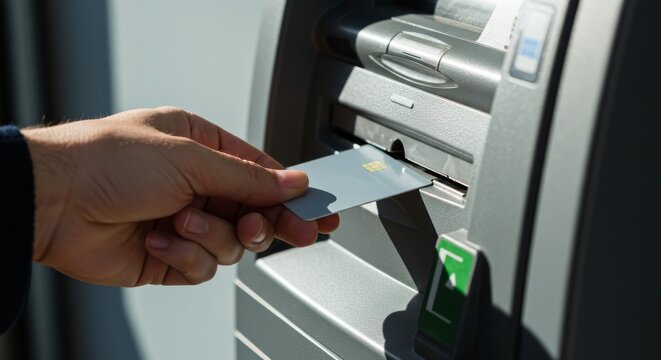 Hand inserting bank card into ATM for cash withdrawal  