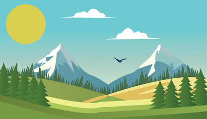 Mountain clearing with green grass and scattered trees, nestled below high peaks under a bright blue sky in a peaceful natural setting