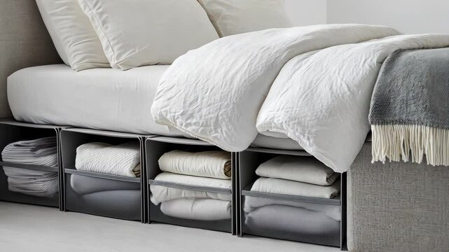 Modern bedroom organization: neatly stacked linens in minimalist underbed storage units
