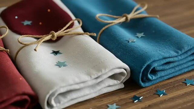 Colorful folded napkins with decorative stars on a wooden table, perfect for festive dining settings