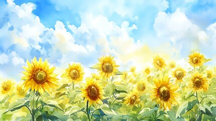 Watercolor field of sunflowers under a bright summer sky